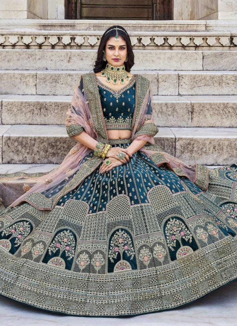 Teal Velvet Bridal Lehenga Choli With Heavy Embroidery, Stone and Zari Work-2