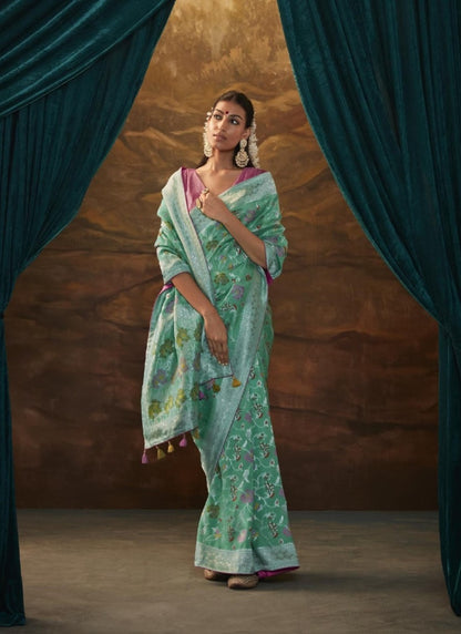 Sea Green Banarasi Silk Paithani Saree With Resham Work