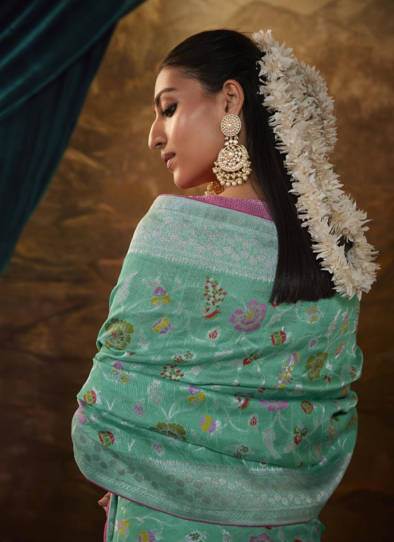 Sea Green Banarasi Silk Paithani Saree With Resham Work-2