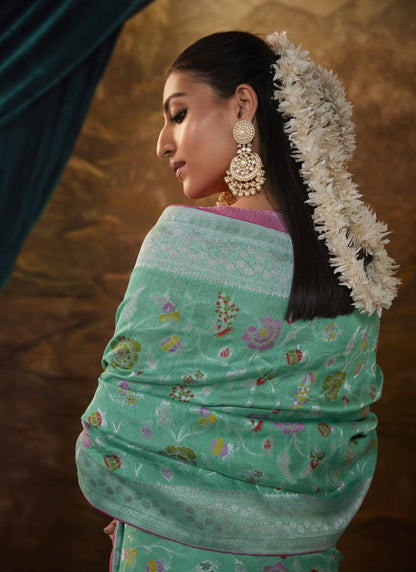 Sea Green Banarasi Silk Paithani Saree With Resham Work-2