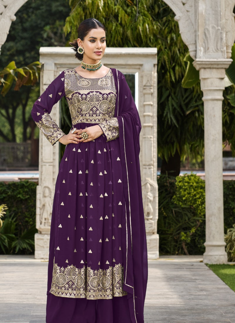 Purple Georgette Palazzo Suit with Sequins Work-2