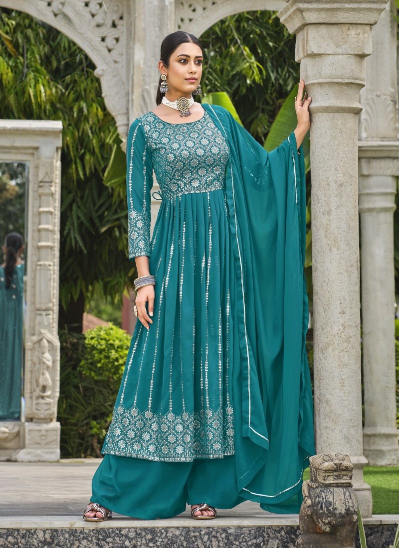 Sea Green Georgette Palazzo Suit with Sequins Work