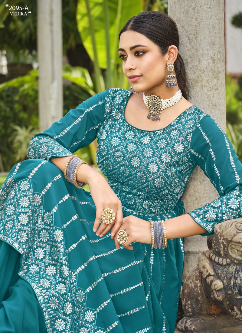 Sea Green Georgette Palazzo Suit with Sequins Work-2