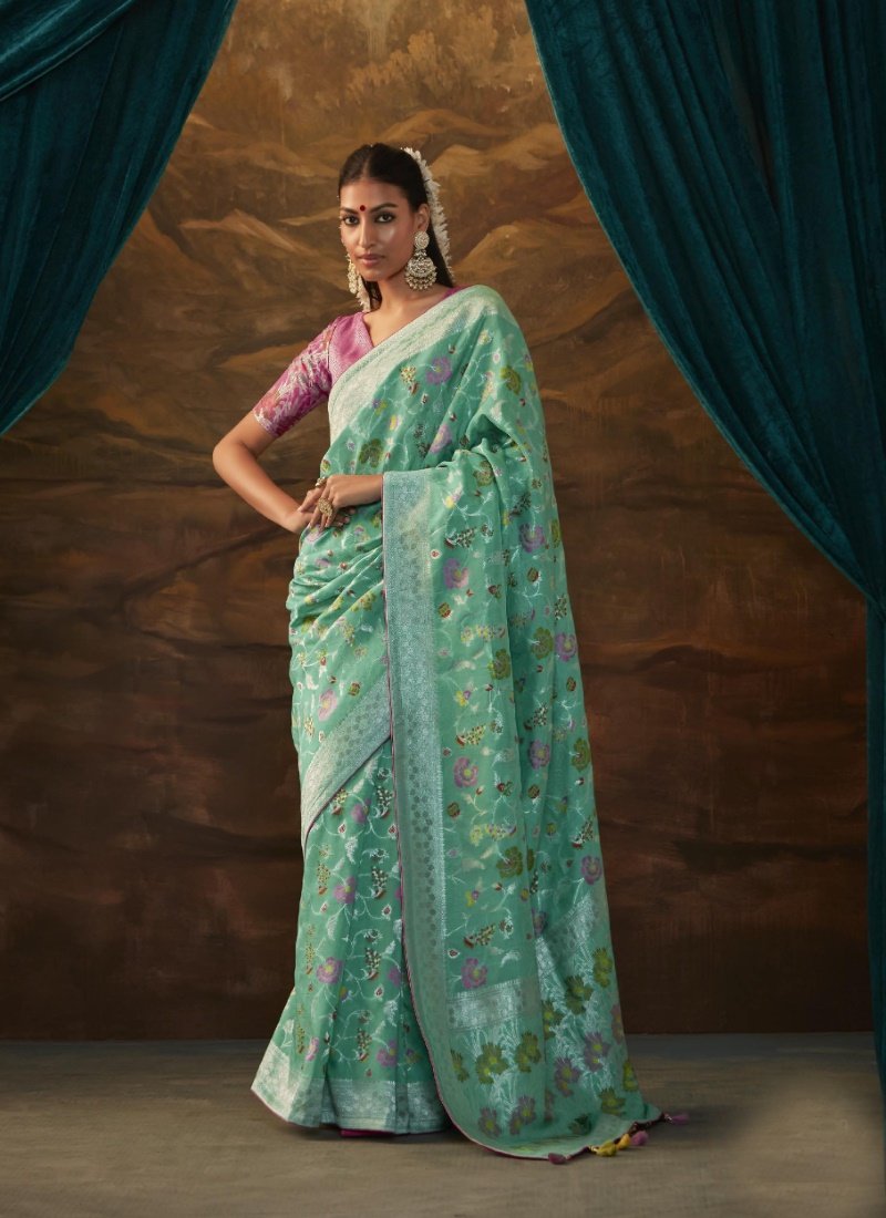 Sea Green Banarasi Silk Paithani Saree With Resham Work-2