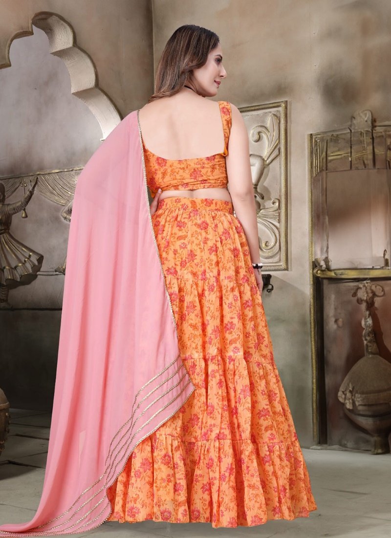 Orange Organza Floral Printed Lehenga Choli-2