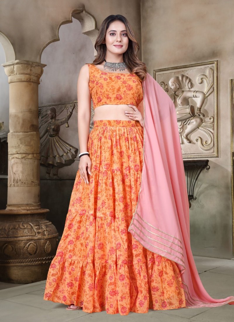 Orange Organza Floral Printed Lehenga Choli