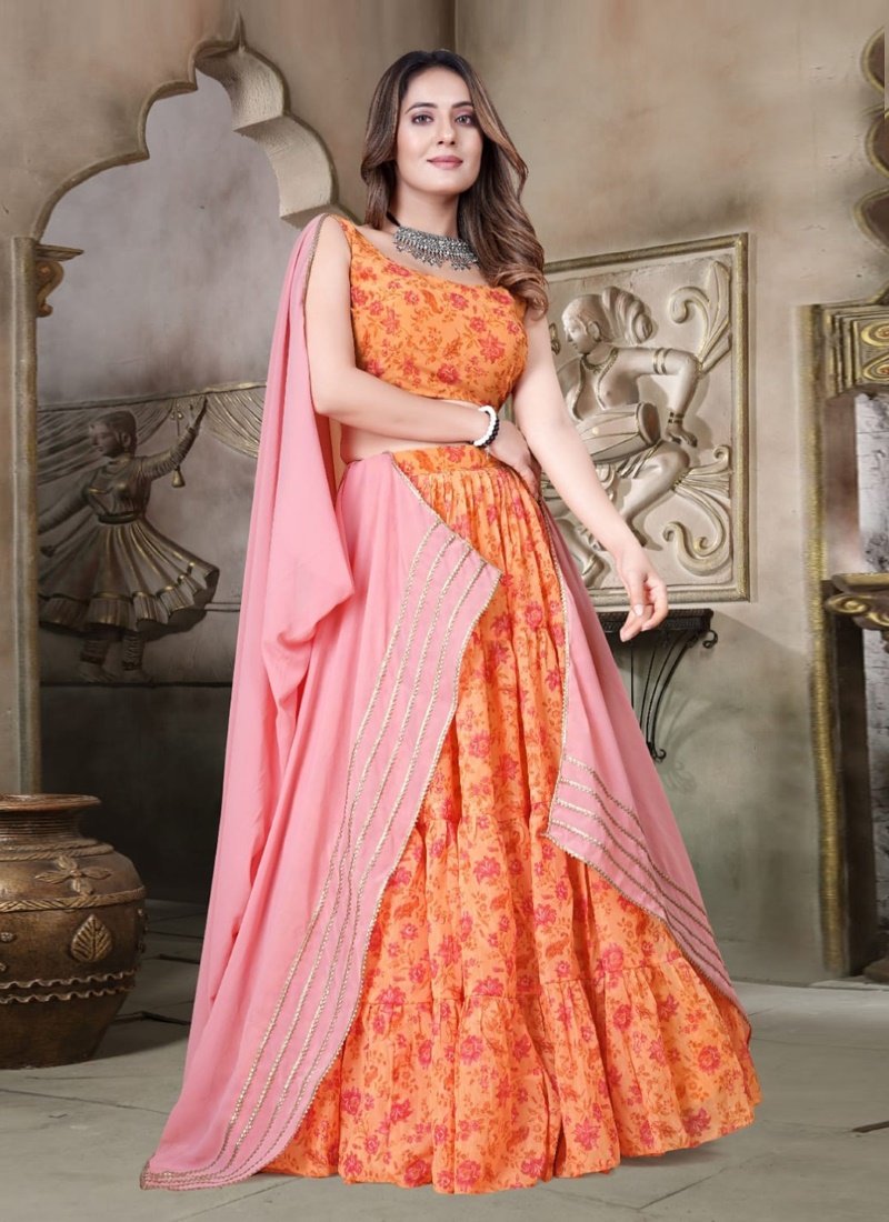 Orange Organza Floral Printed Lehenga Choli-2