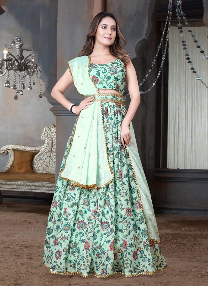 Sea Green Organza Floral Printed Lehenga Choli