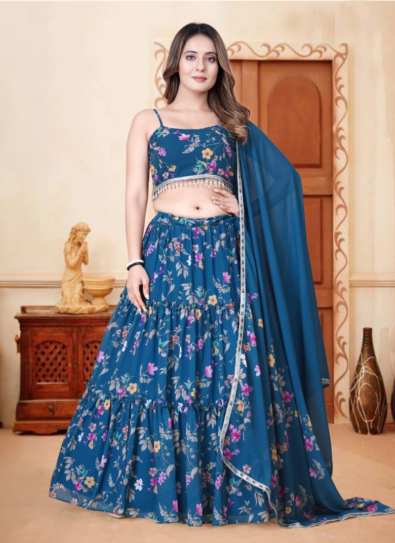 Blue Organza Floral Printed Lehenga Choli