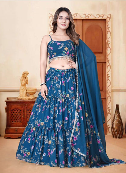 Blue Organza Floral Printed Lehenga Choli