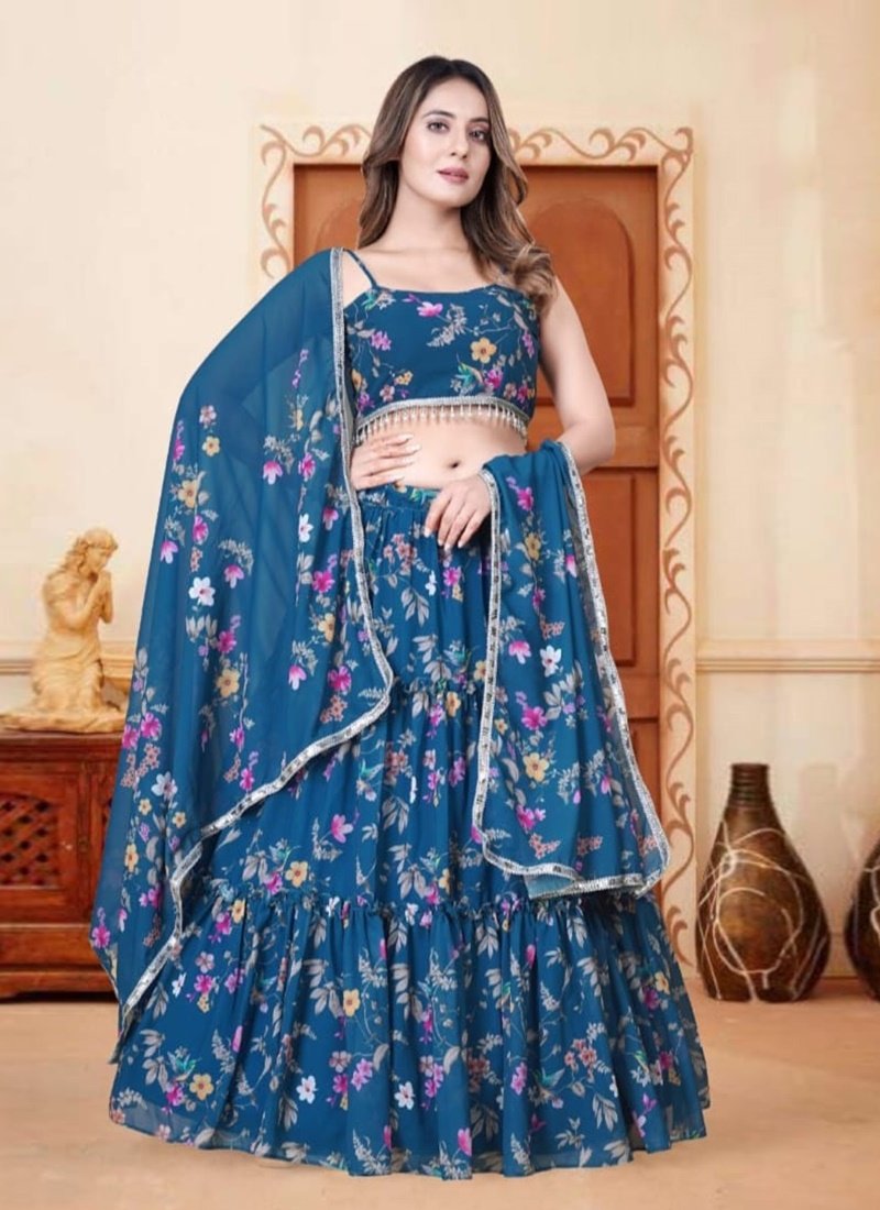 Blue Organza Floral Printed Lehenga Choli-2