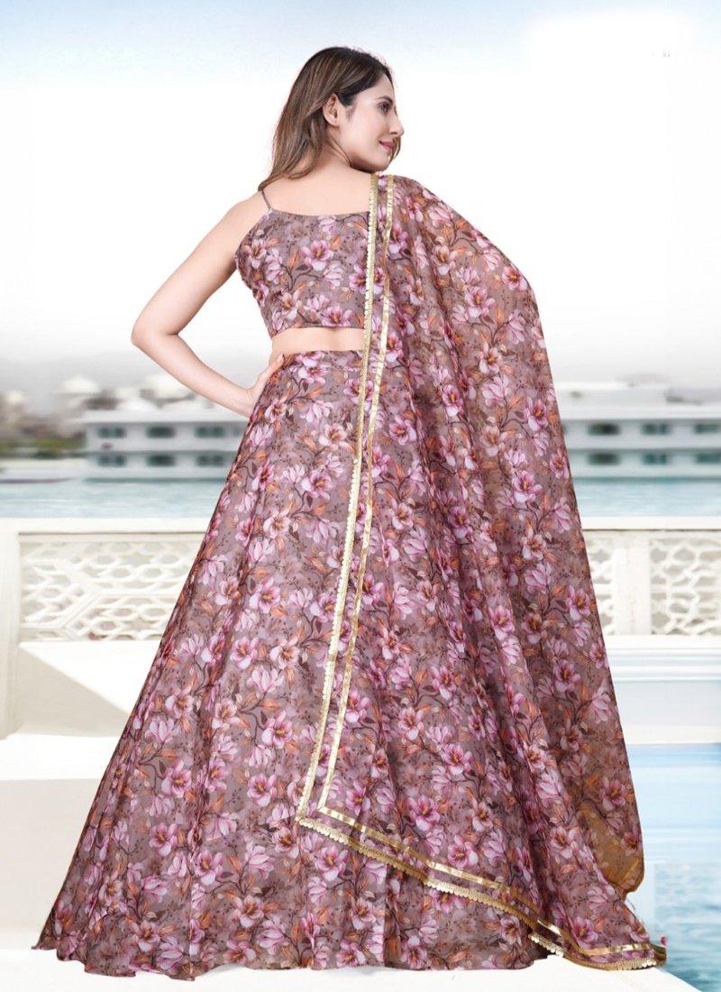 Brown Organza Floral Printed Lehenga Choli-2