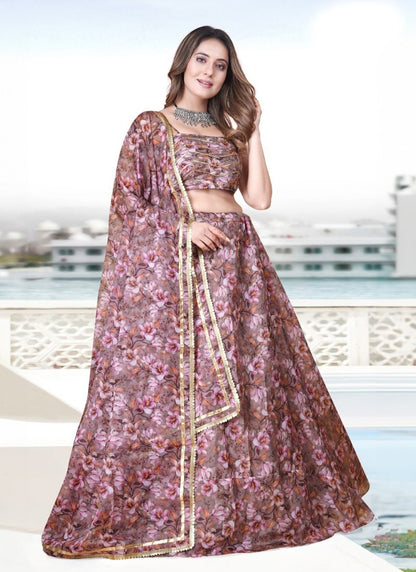 Brown Organza Floral Printed Lehenga Choli