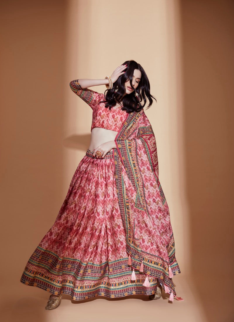 Peach Chinon Lehenga Choli with Embroidery Work-2