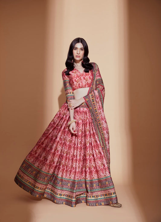 Peach Chinon Lehenga Choli with Embroidery Work