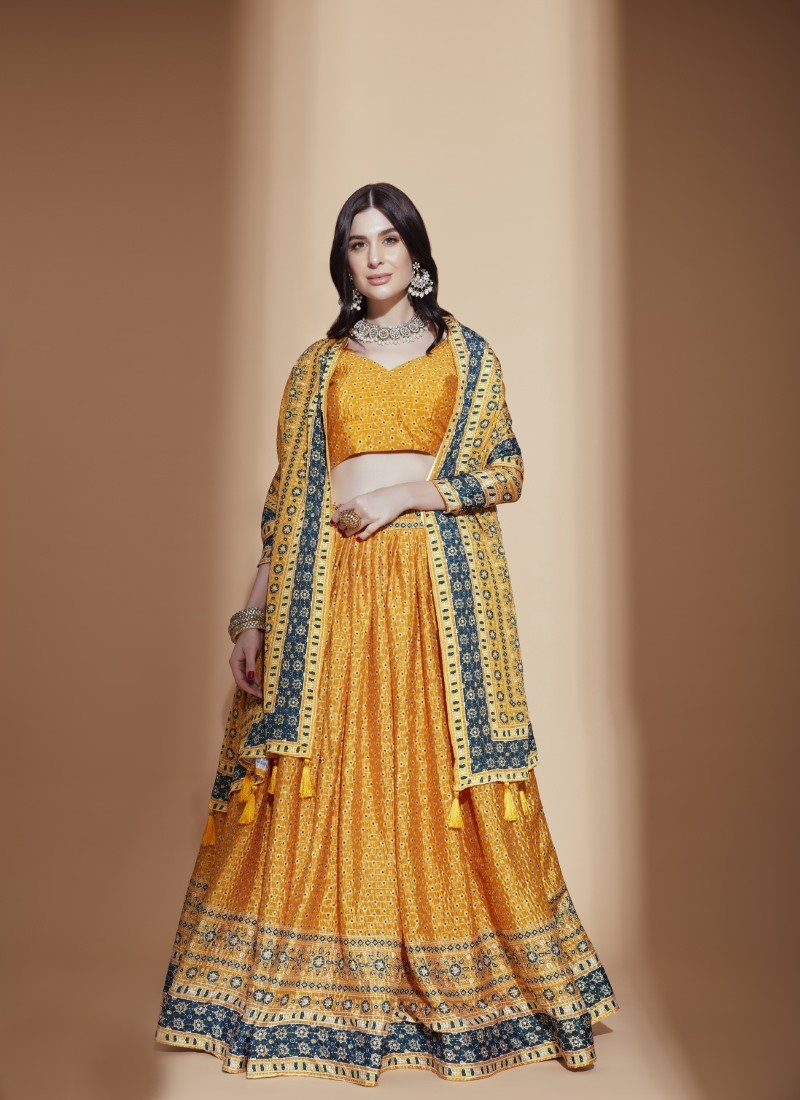 Yellow Chinon Lehenga Choli with Embroidery Work-2