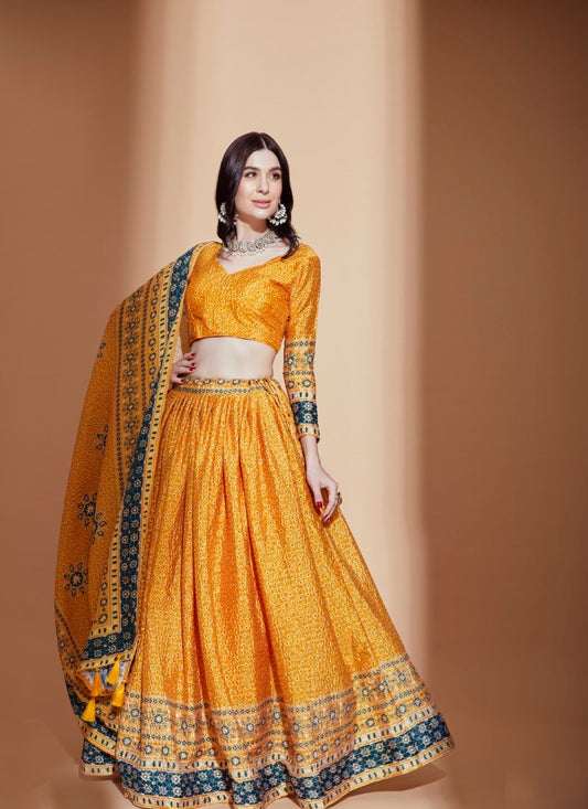 Yellow Chinon Lehenga Choli with Embroidery Work