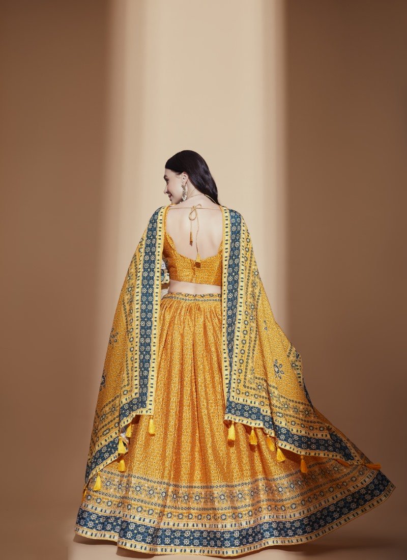 Yellow Chinon Lehenga Choli with Embroidery Work-2