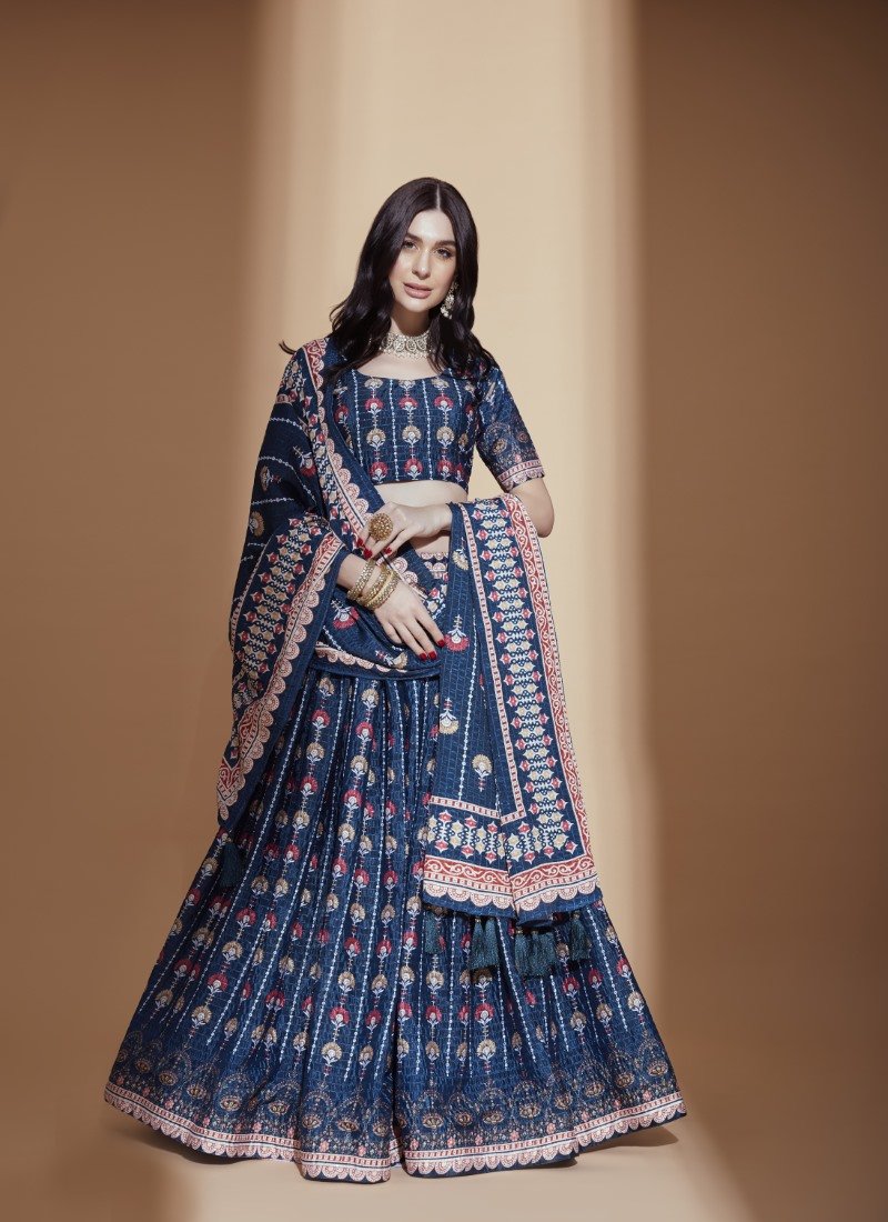 Blue Chinon Lehenga Choli with Embroidery Work