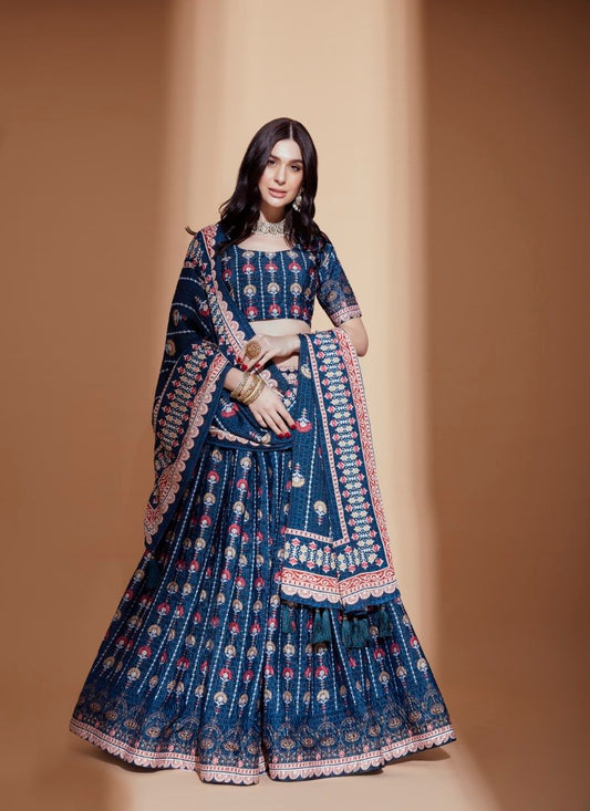 Blue Chinon Lehenga Choli with Embroidery Work