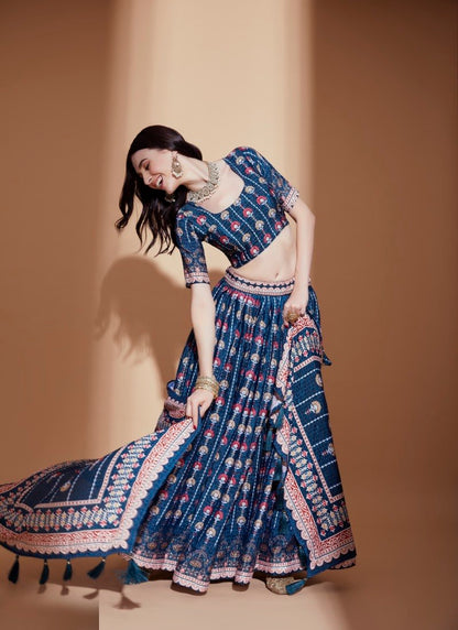 Blue Chinon Lehenga Choli with Embroidery Work-2