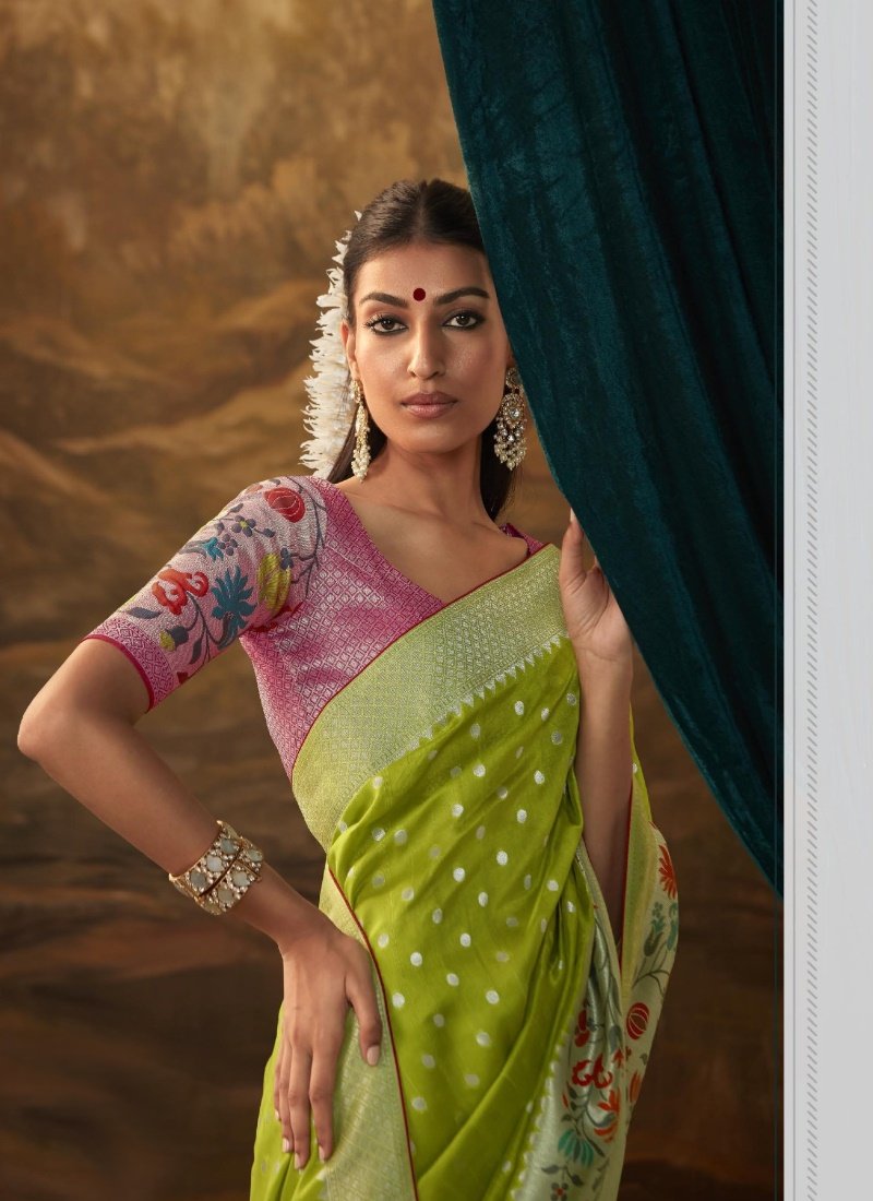 Pista Green Banarasi Silk Paithani Saree With Resham Work-2