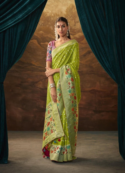 Pista Green Banarasi Silk Paithani Saree With Resham Work-2