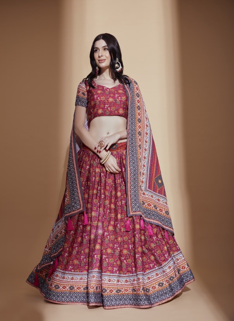 Red Chinon Lehenga Choli with Embroidery Work-2