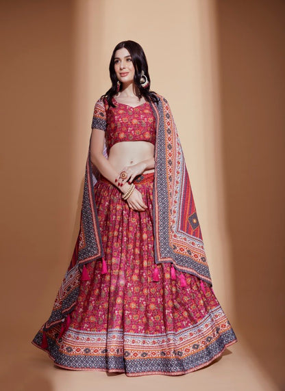 Red Chinon Lehenga Choli with Embroidery Work-2