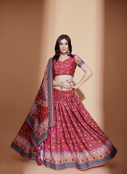 Red Chinon Lehenga Choli with Embroidery Work