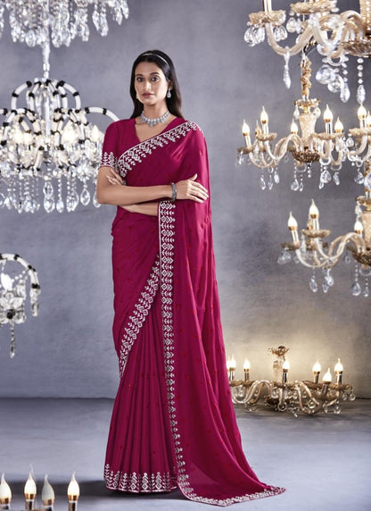 Red Viscose Party Wear Saree With Heavy Lace Work