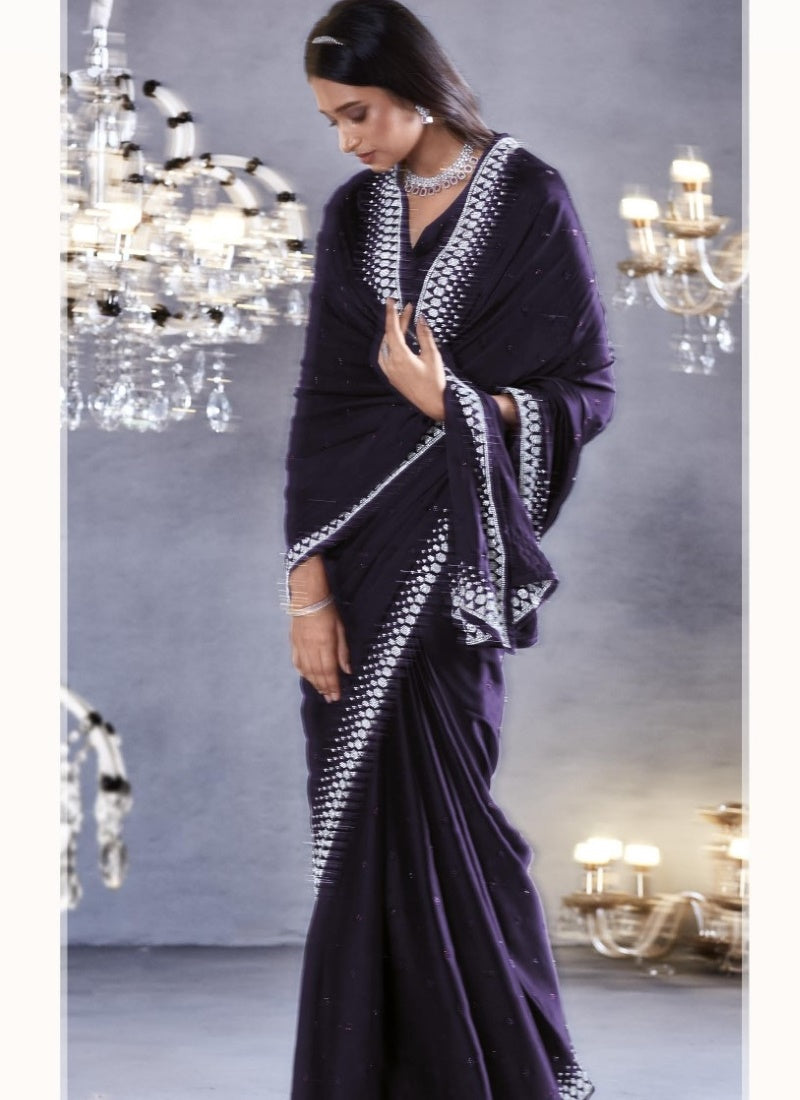 Navy Blue Viscose Party Wear Saree With Heavy Lace Work-2