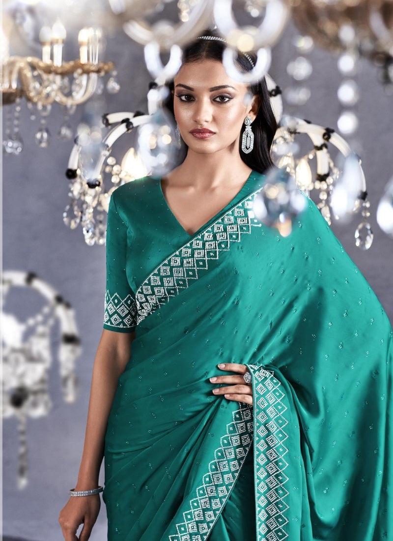 Sea Green Viscose Party Wear Saree With Heavy Lace Work-2