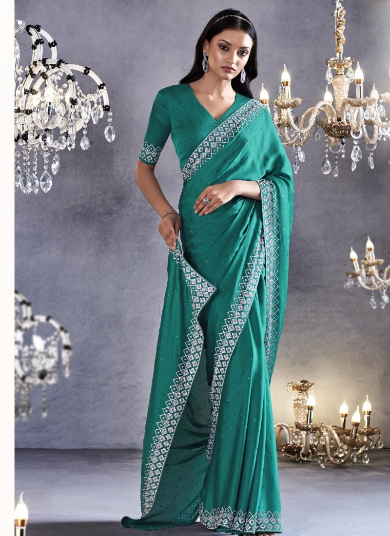 Sea Green Viscose Party Wear Saree With Heavy Lace Work