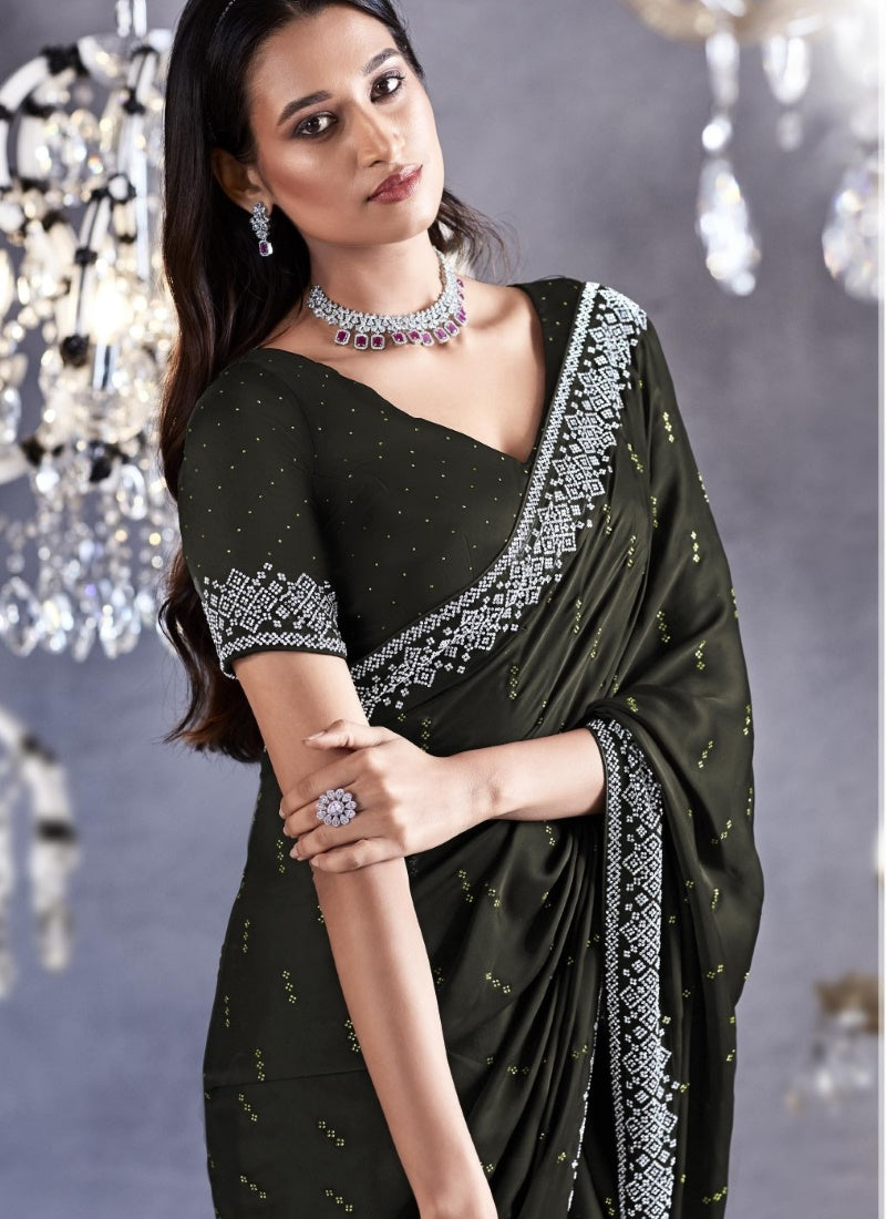 Olive Green Viscose Party Wear Saree With Heavy Lace Work-2