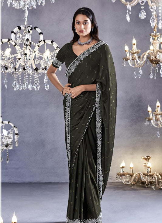 Olive Green Viscose Party Wear Saree With Heavy Lace Work