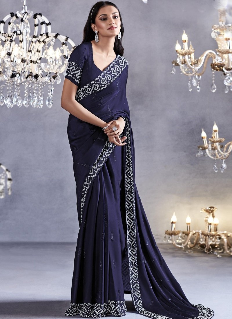 Blue Viscose Party Wear Saree With Heavy Lace Work