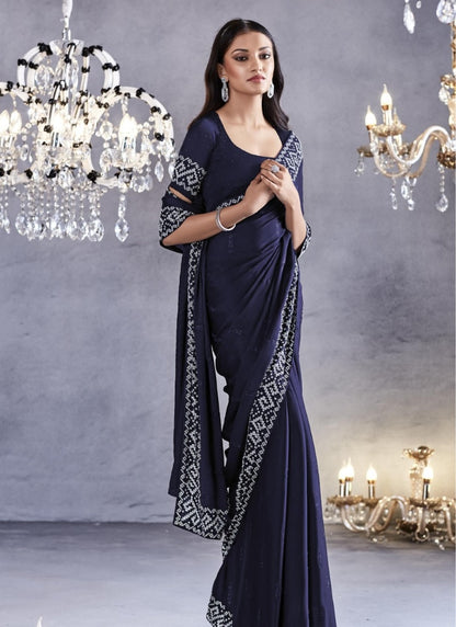 Blue Viscose Party Wear Saree With Heavy Lace Work-2