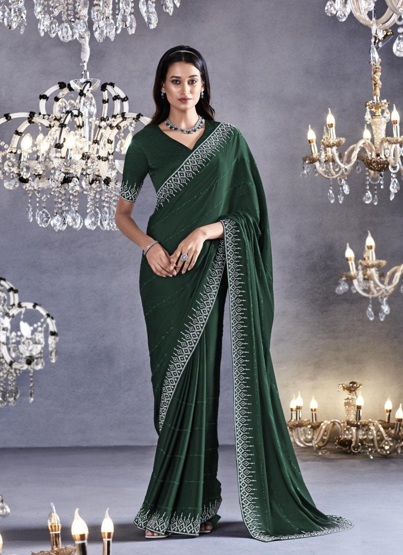 Green Viscose Party Wear Saree With Heavy Lace Work