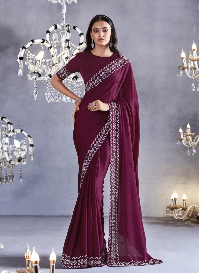 Wine Viscose Party Wear Saree With Heavy Lace Work