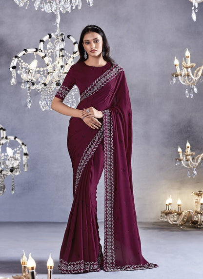 Wine Viscose Party Wear Saree With Heavy Lace Work-2