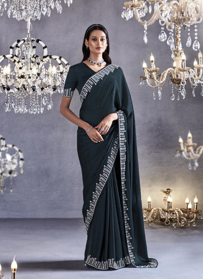 Teal Blue Viscose Party Wear Saree With Heavy Lace Work