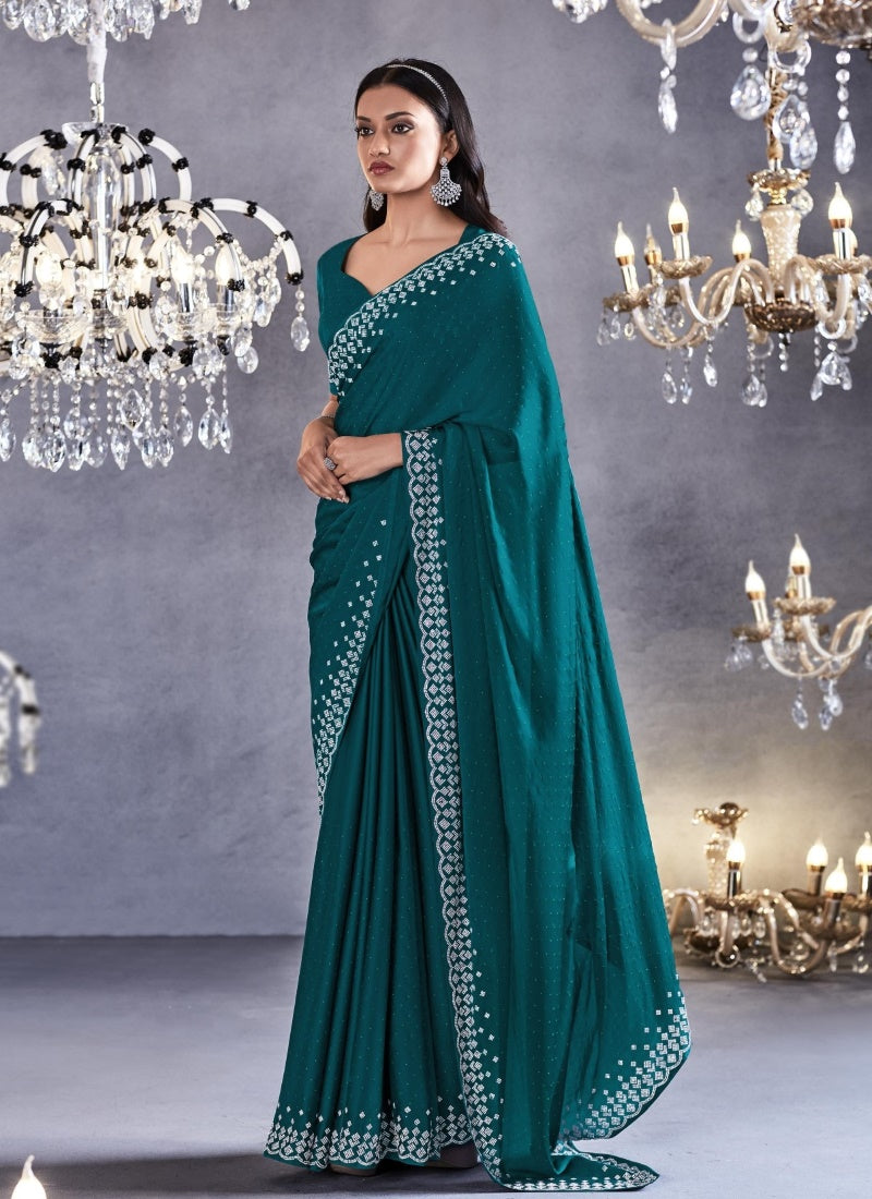 Green Viscose Party Wear Saree With Heavy Lace Work