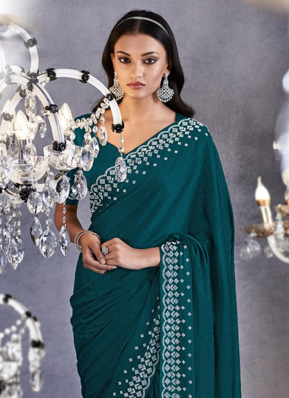 Green Viscose Party Wear Saree With Heavy Lace Work-2