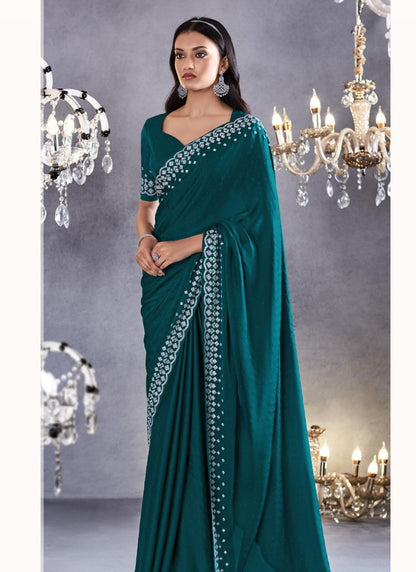 Green Viscose Party Wear Saree With Heavy Lace Work-2