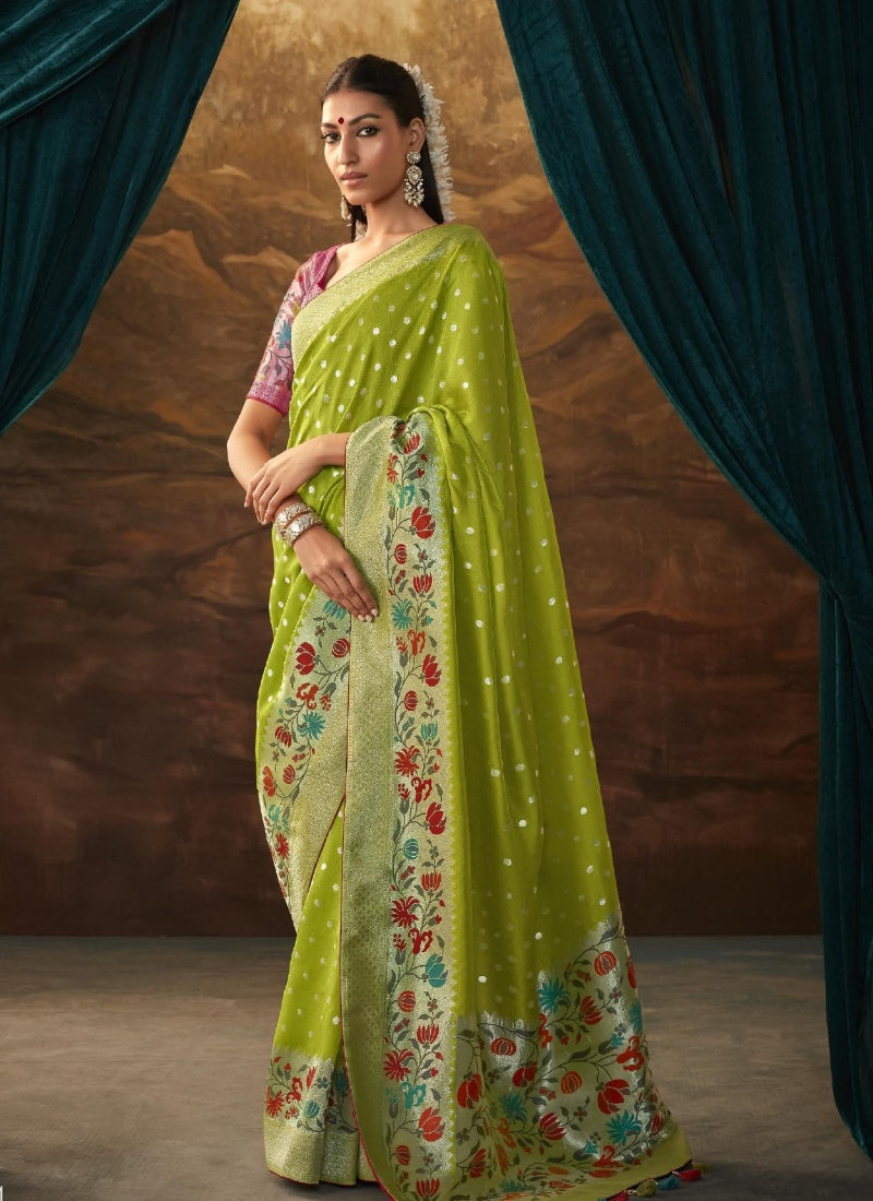 Pista Green Banarasi Silk Paithani Saree With Resham Work