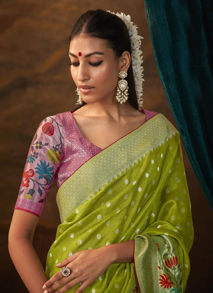 Pista Green Banarasi Silk Paithani Saree With Resham Work-2