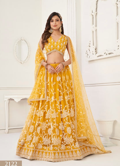 Yellow Net Lehenga Choli With Embroidery, Sequins and Thread Work-2