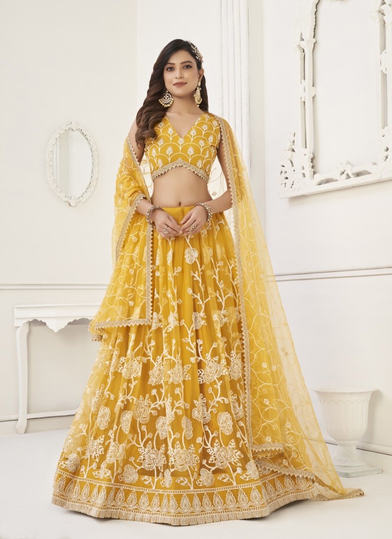 Yellow Net Lehenga Choli With Thread, Mirror and Sequins Work