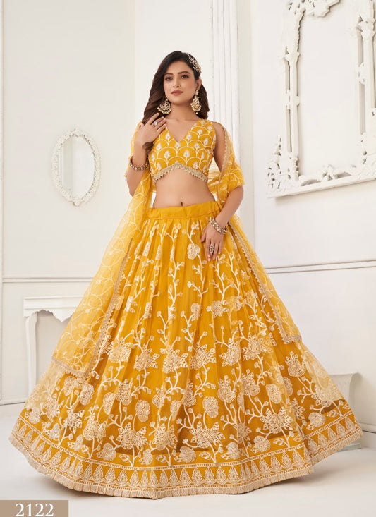 Yellow Net Lehenga Choli With Embroidery, Sequins and Thread Work